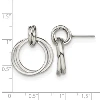 Two silver-toned double loop earrings with post backs displayed next to a measurement ruler showing they are approximately one inch in length.