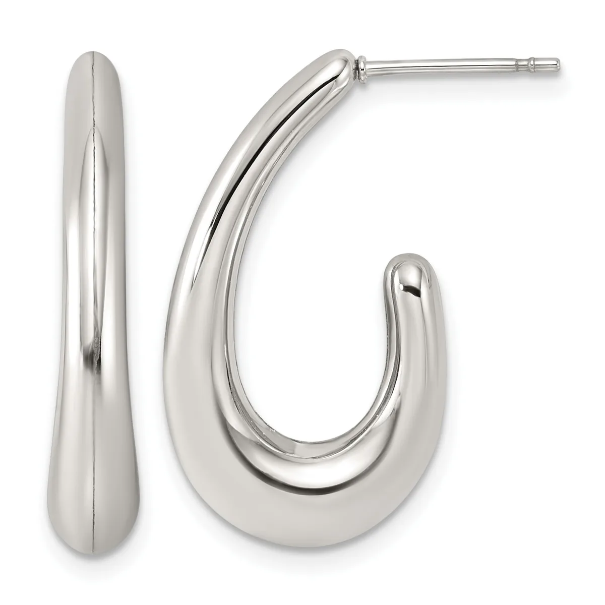 Pair of polished silver chunky curved hoop earrings with post backs, shown from front and side angles.