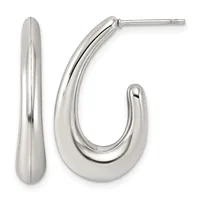 Pair of polished silver chunky curved hoop earrings with post backs, shown from front and side angles.