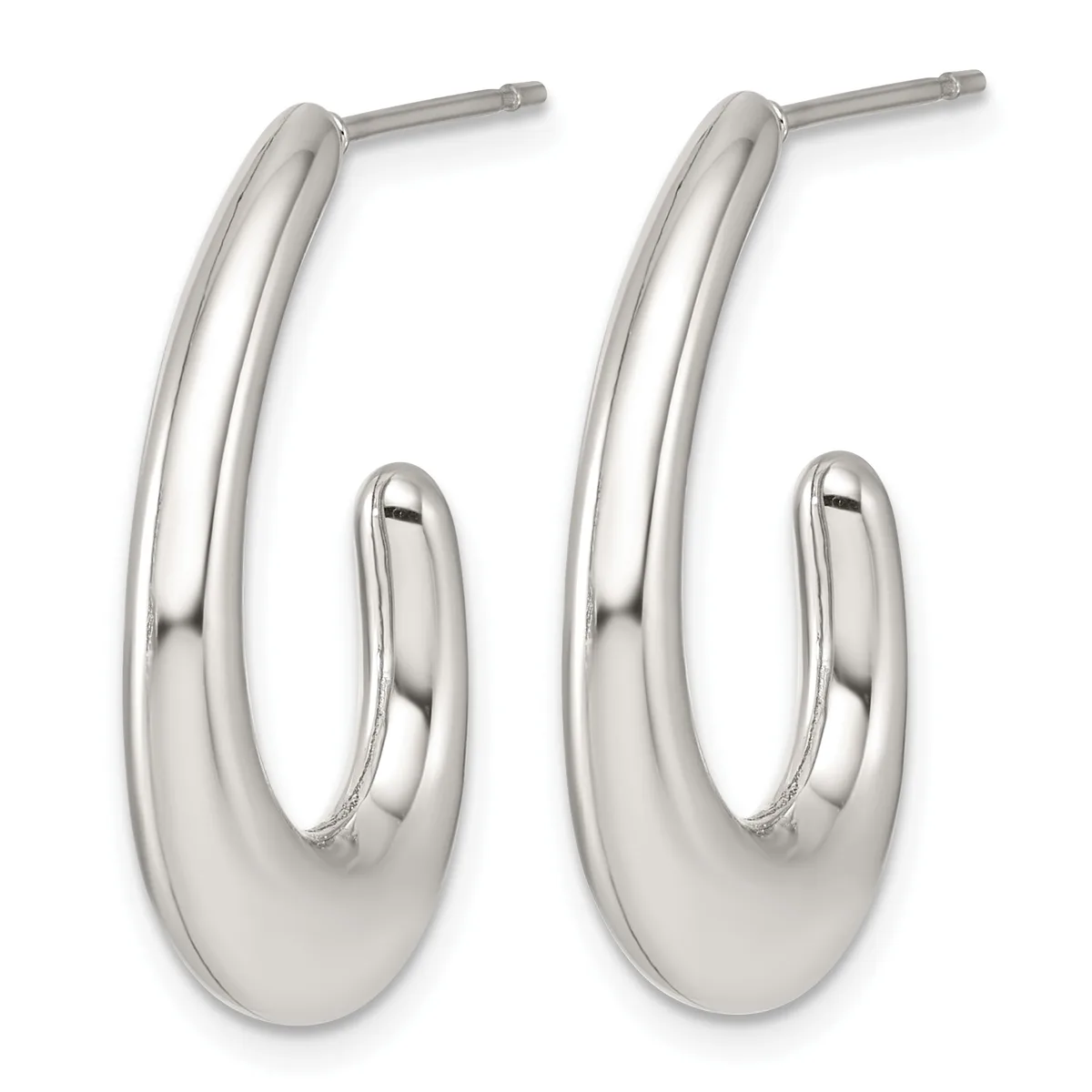 A pair of polished silver hoop earrings with post and clutch backs, shown from the front against a white background.