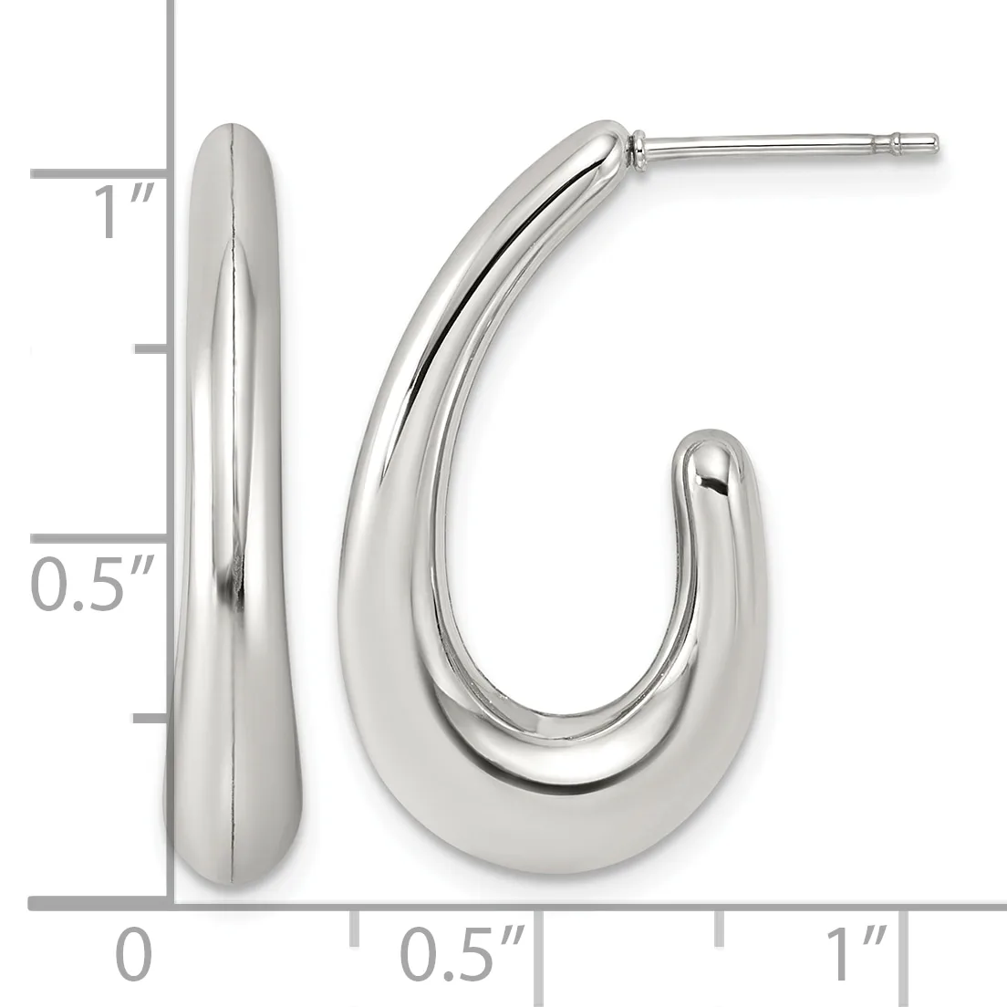 A pair of polished silver chunky curved hoop earrings with posts, displayed against a measurement scale showing approximately one inch in length.