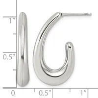 A pair of polished silver chunky curved hoop earrings with posts, displayed against a measurement scale showing approximately one inch in length.