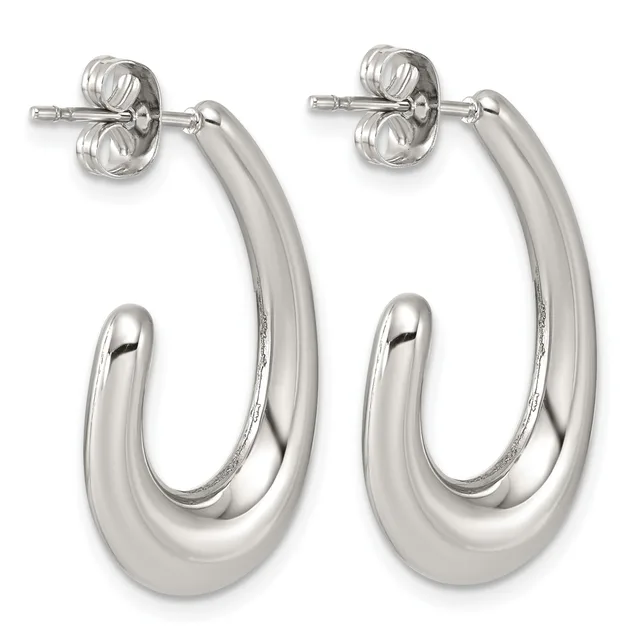 A pair of polished silver-toned curved hoop earrings with post and butterfly back closures, displayed against a white background.