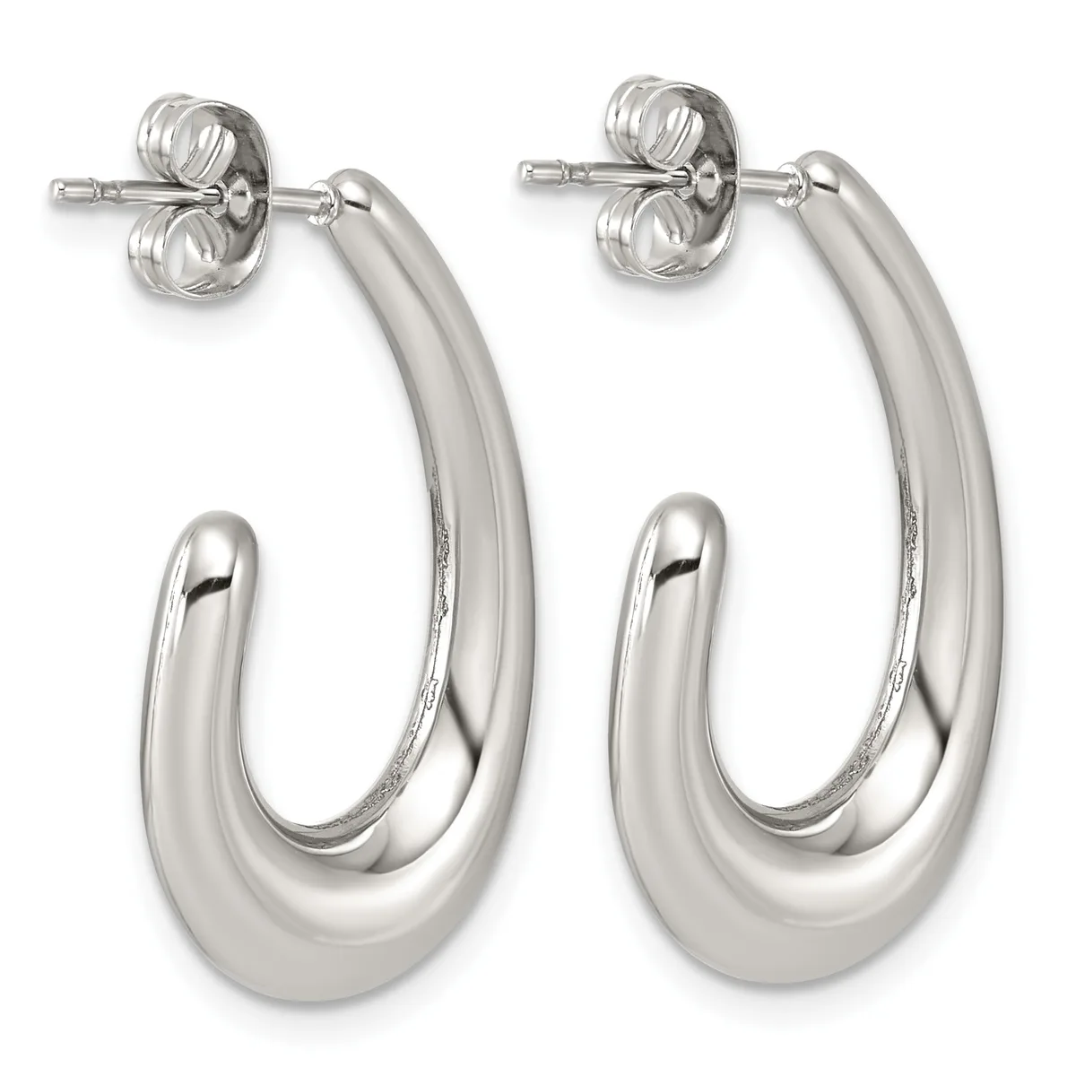 A pair of polished silver-toned curved hoop earrings with post and butterfly back closures, displayed against a white background.