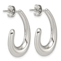 A pair of polished silver-toned curved hoop earrings with post and butterfly back closures, displayed against a white background.