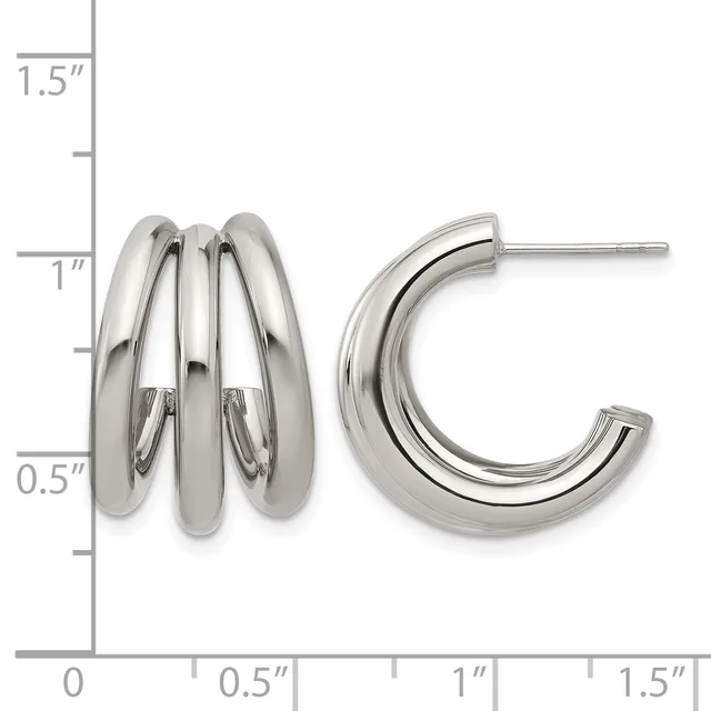 Pair of polished silver-tone chunky hoop earrings with multiple layered tubes, shown on a measurement scale indicating approximately one inch in height.