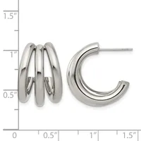 Pair of polished silver-tone chunky hoop earrings with multiple layered tubes, shown on a measurement scale indicating approximately one inch in height.