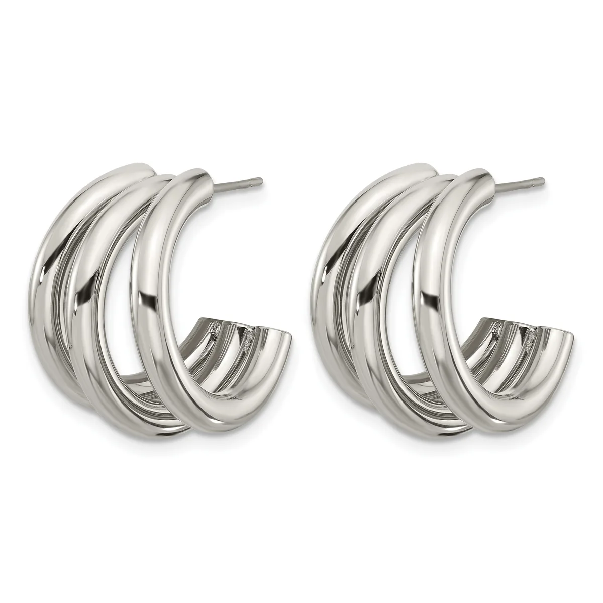 A pair of polished silver triple-band hoop earrings with stud posts, shown from the front against a white background.