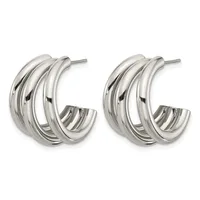 A pair of polished silver triple-band hoop earrings with stud posts, shown from the front against a white background.