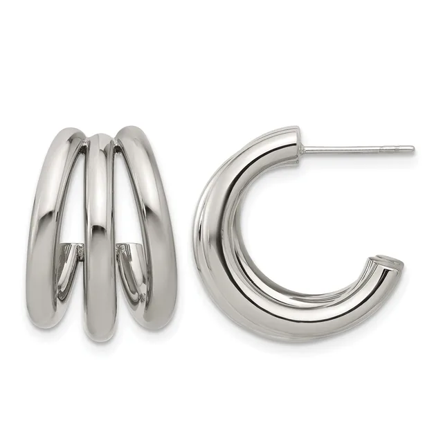 Pair of polished silver-toned chunky hoop earrings with triple-layered design, shown from front and side views.