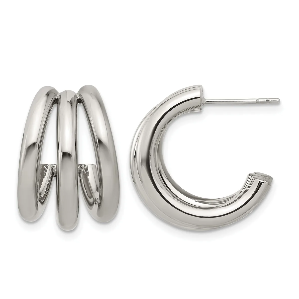 Pair of polished silver-toned chunky hoop earrings with triple-layered design, shown from front and side views.