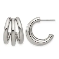 Pair of polished silver-toned chunky hoop earrings with triple-layered design, shown from front and side views.