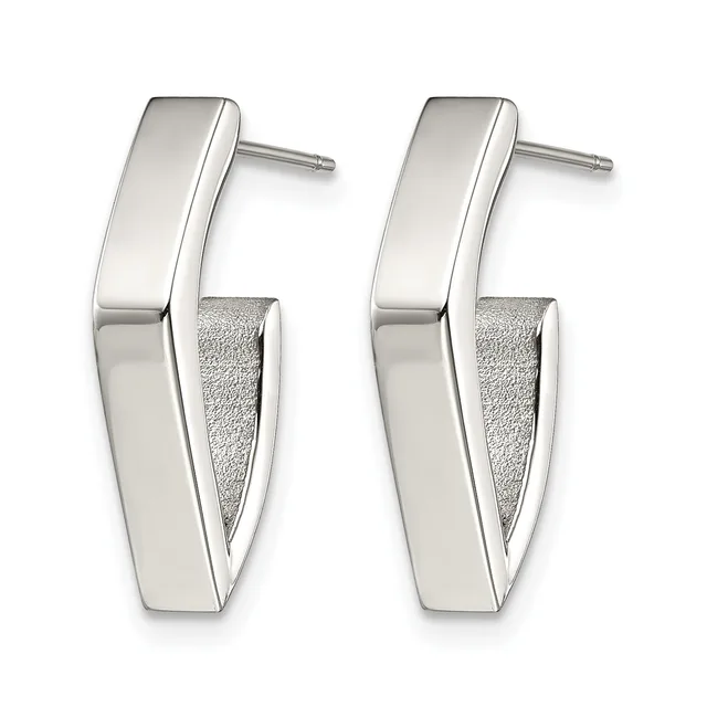 A pair of polished silver rectangular hoop earrings with textured interiors, shown from the front against a white background.