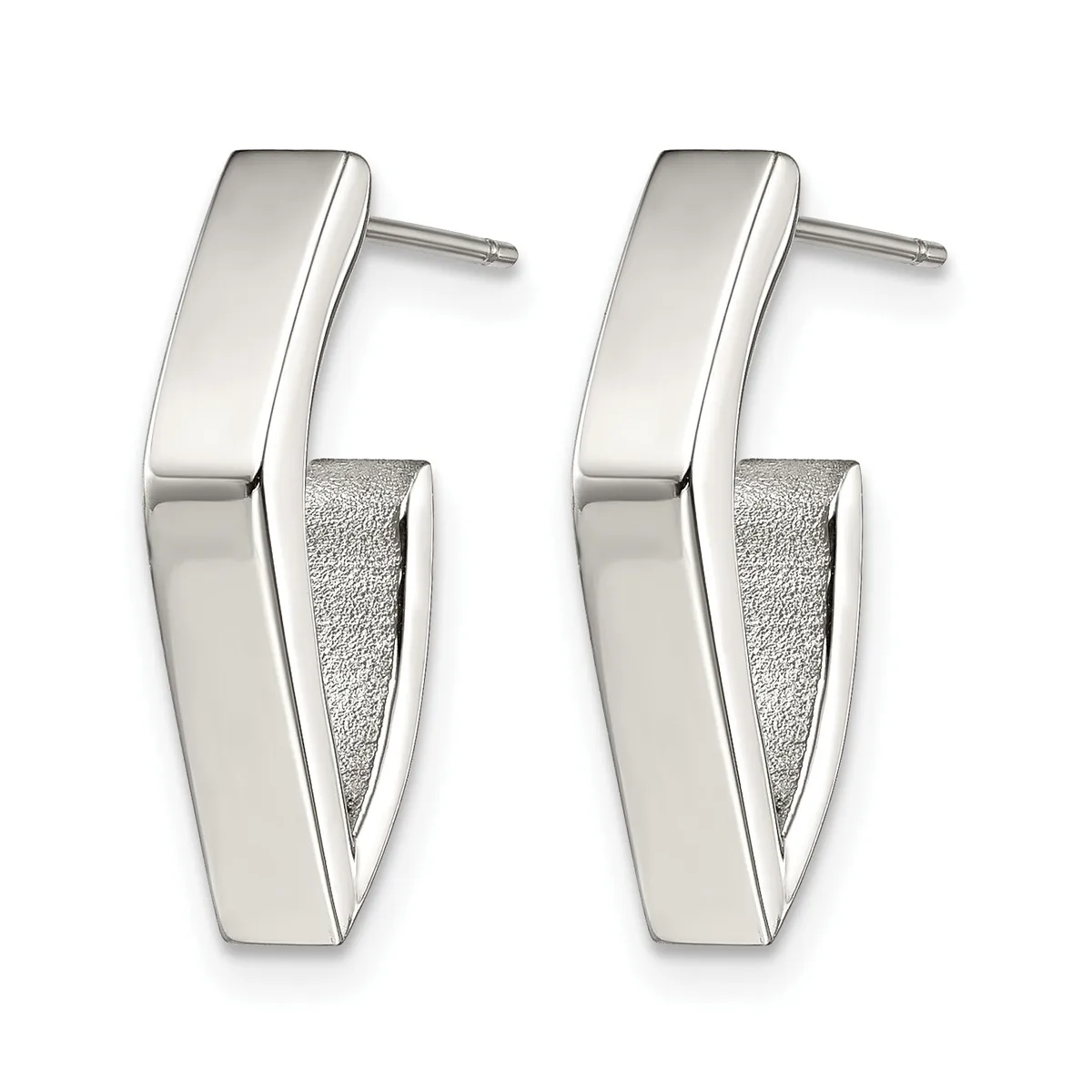 A pair of polished silver rectangular hoop earrings with textured interiors, shown from the front against a white background.
