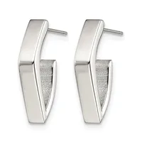 A pair of polished silver rectangular hoop earrings with textured interiors, shown from the front against a white background.