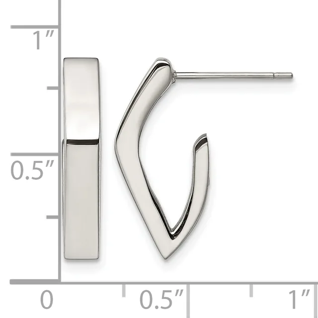 Silver-colored hoop earrings with a curved V-shape design, shown next to a measurement scale indicating approximately one inch in length and half an inch in width.