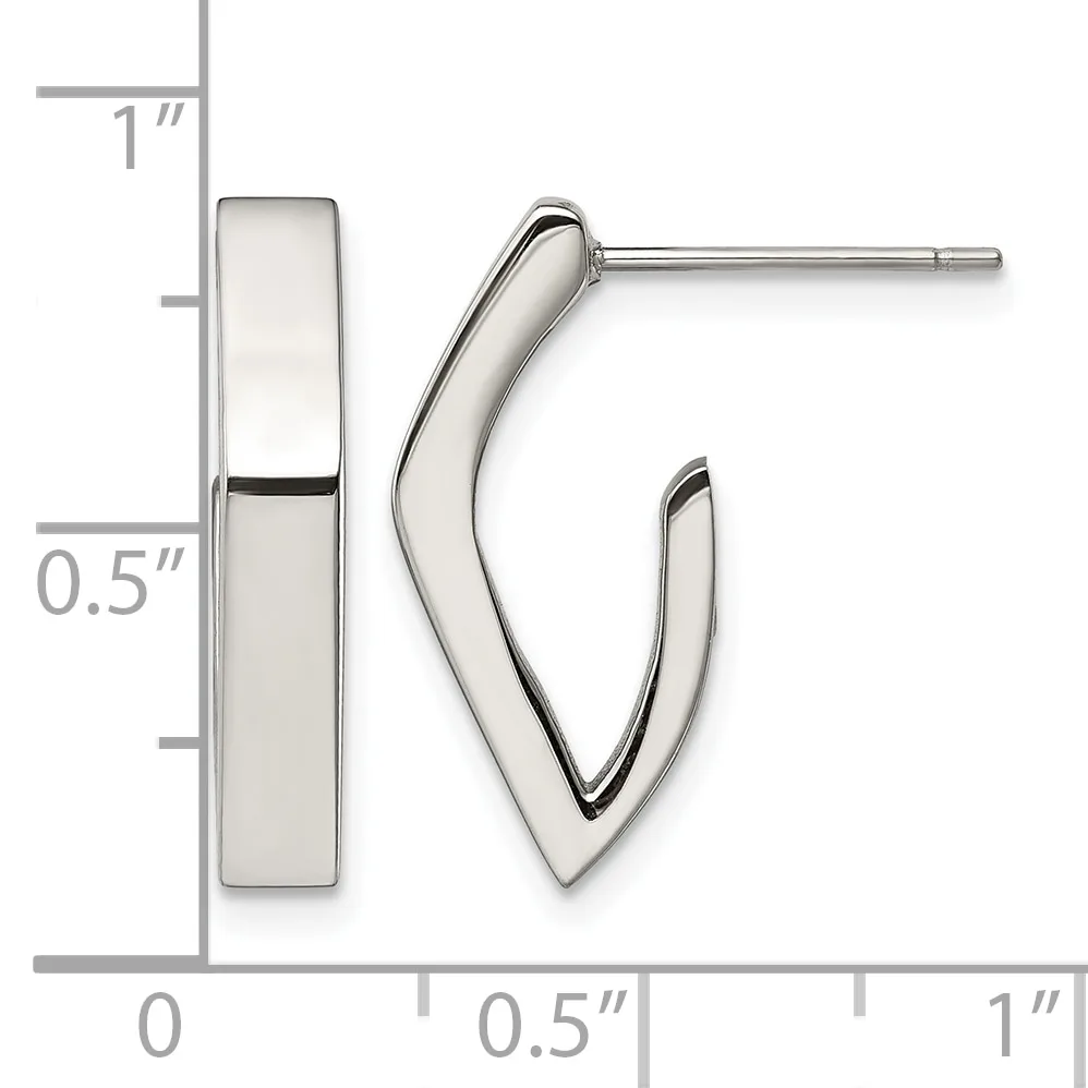 Silver-colored hoop earrings with a curved V-shape design, shown next to a measurement scale indicating approximately one inch in length and half an inch in width.