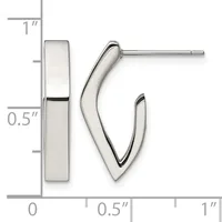 Silver-colored hoop earrings with a curved V-shape design, shown next to a measurement scale indicating approximately one inch in length and half an inch in width.