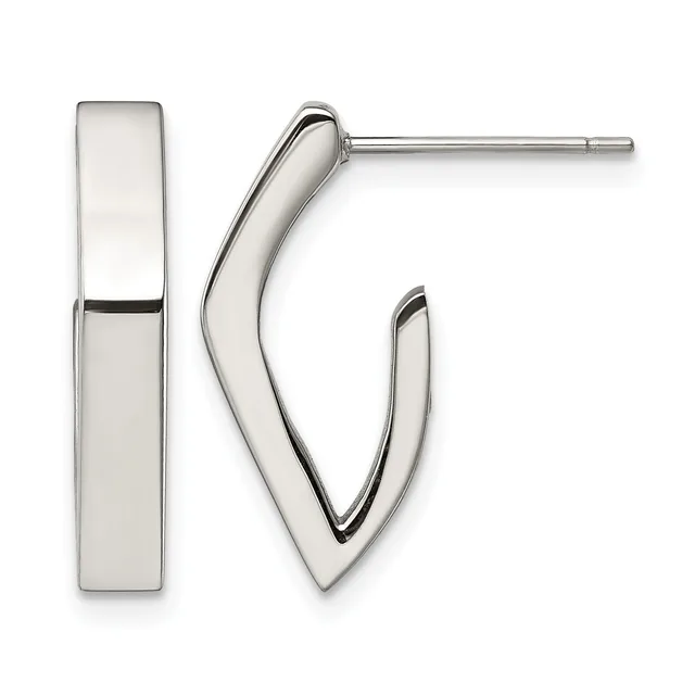 Pair of polished silver hoop earrings consisting of a rectangular post earring and a curved V-shaped hoop earring displayed side by side.