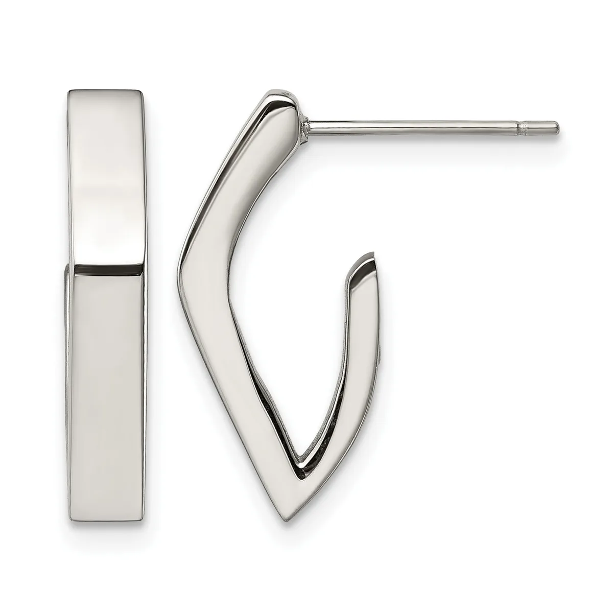 Pair of polished silver hoop earrings consisting of a rectangular post earring and a curved V-shaped hoop earring displayed side by side.