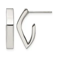 Pair of polished silver hoop earrings consisting of a rectangular post earring and a curved V-shaped hoop earring displayed side by side.