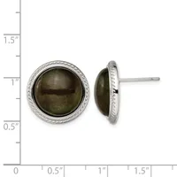 Pair of round stud earrings with dark green cabochon stones set in textured silver bezels, shown front and side view against a measurement scale.