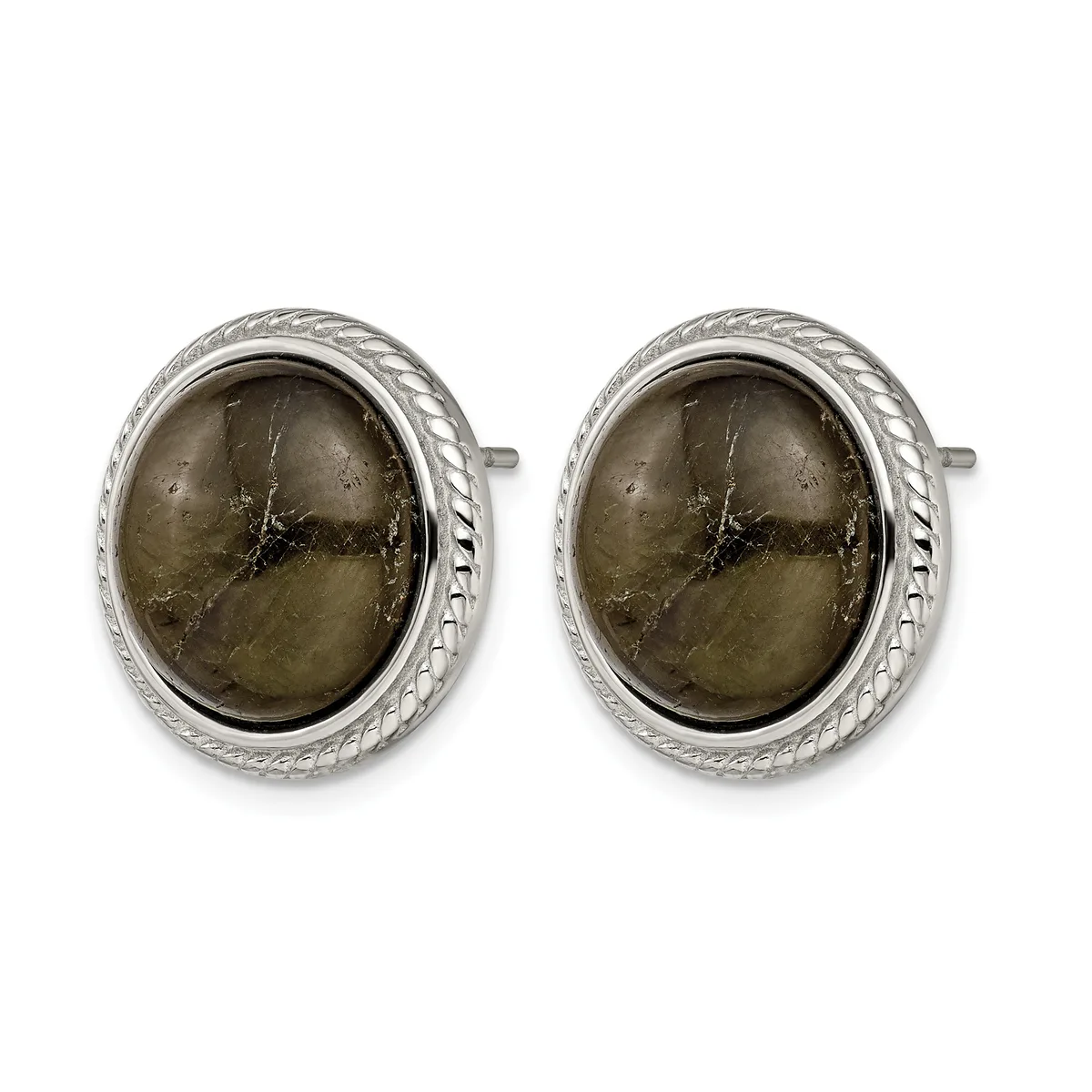 Pair of oval cufflinks with smoky quartz cabochons set in textured silver frames with rope-twist borders, shown from the front.