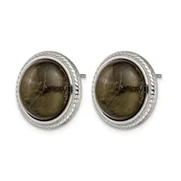 Pair of oval cufflinks with smoky quartz cabochons set in textured silver frames with rope-twist borders, shown from the front.
