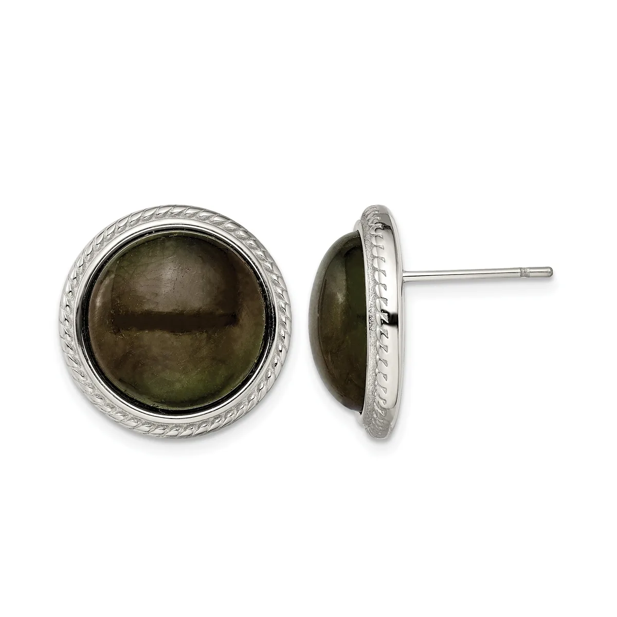 A pair of silver stud earrings with dark smoky quartz cabochon stones set in textured silver bezels, shown from front and side views.