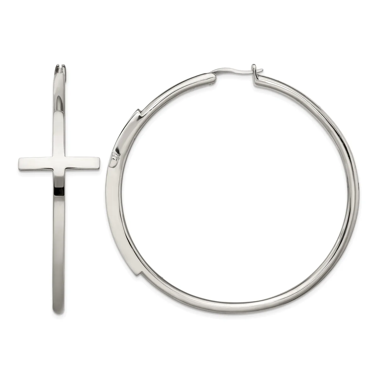 A pair of polished silver-toned hoop earrings with a cross charm attached to one hoop, displayed against a white background.
