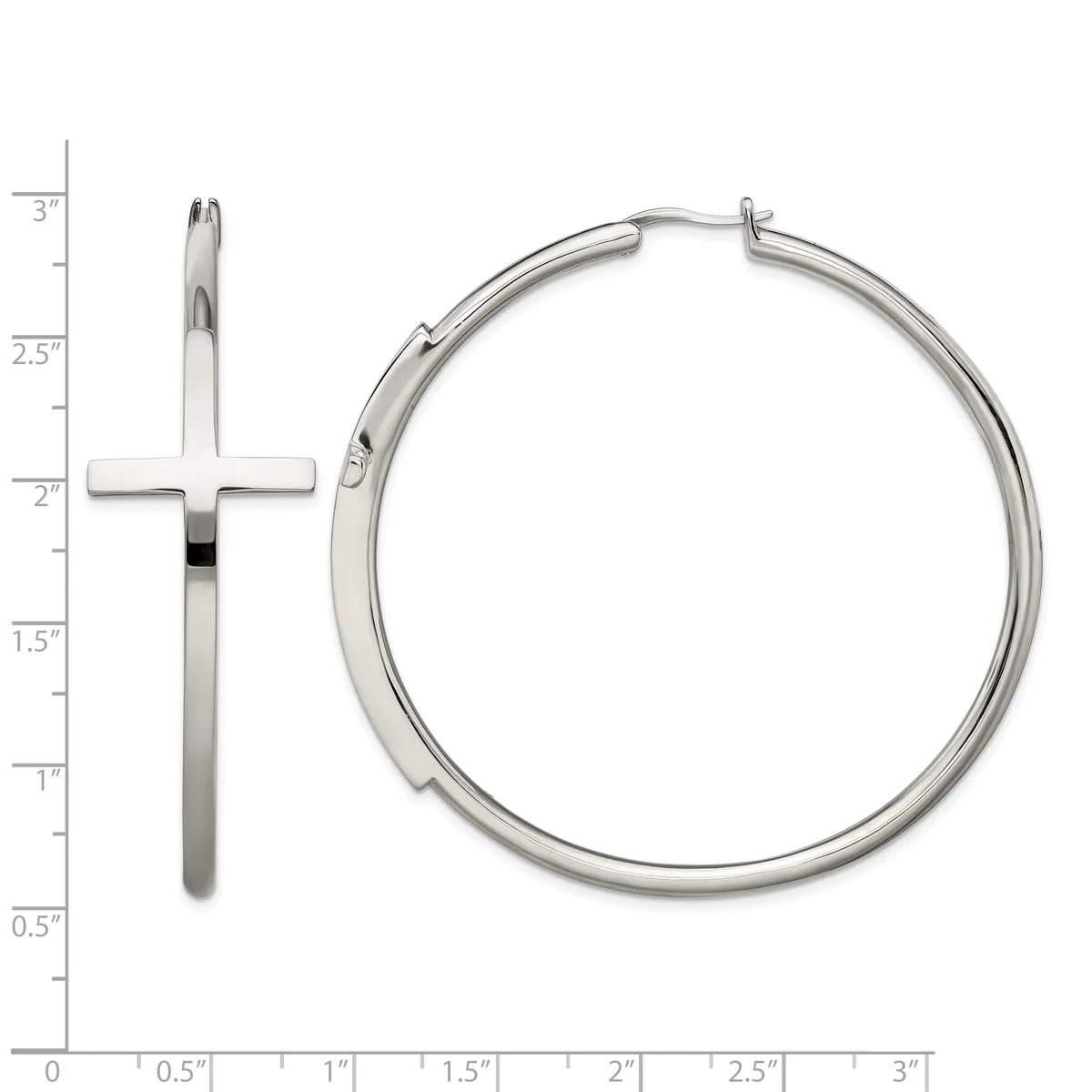 Two silver earrings displayed on a measurement grid: a long cross pendant and a polished hoop earring with a hinge closure.