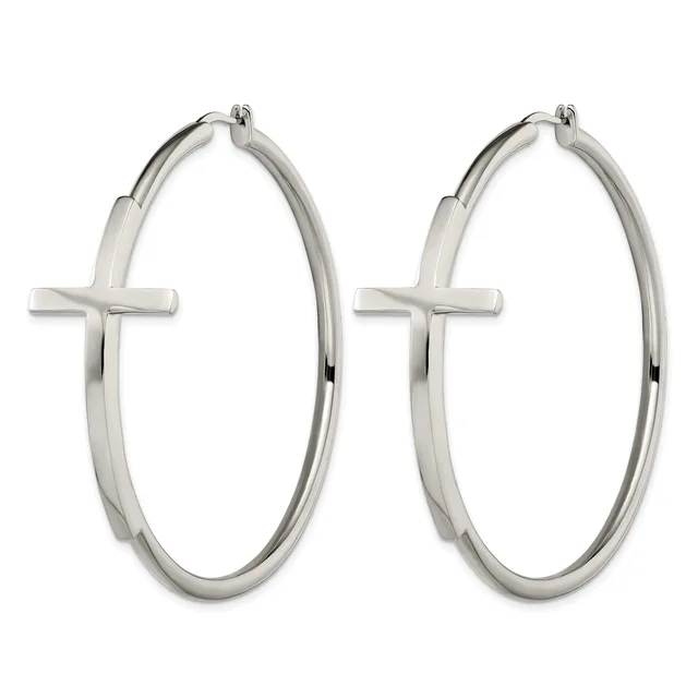 Pair of silver-toned hoop earrings with cross charms attached to the left side of each hoop.