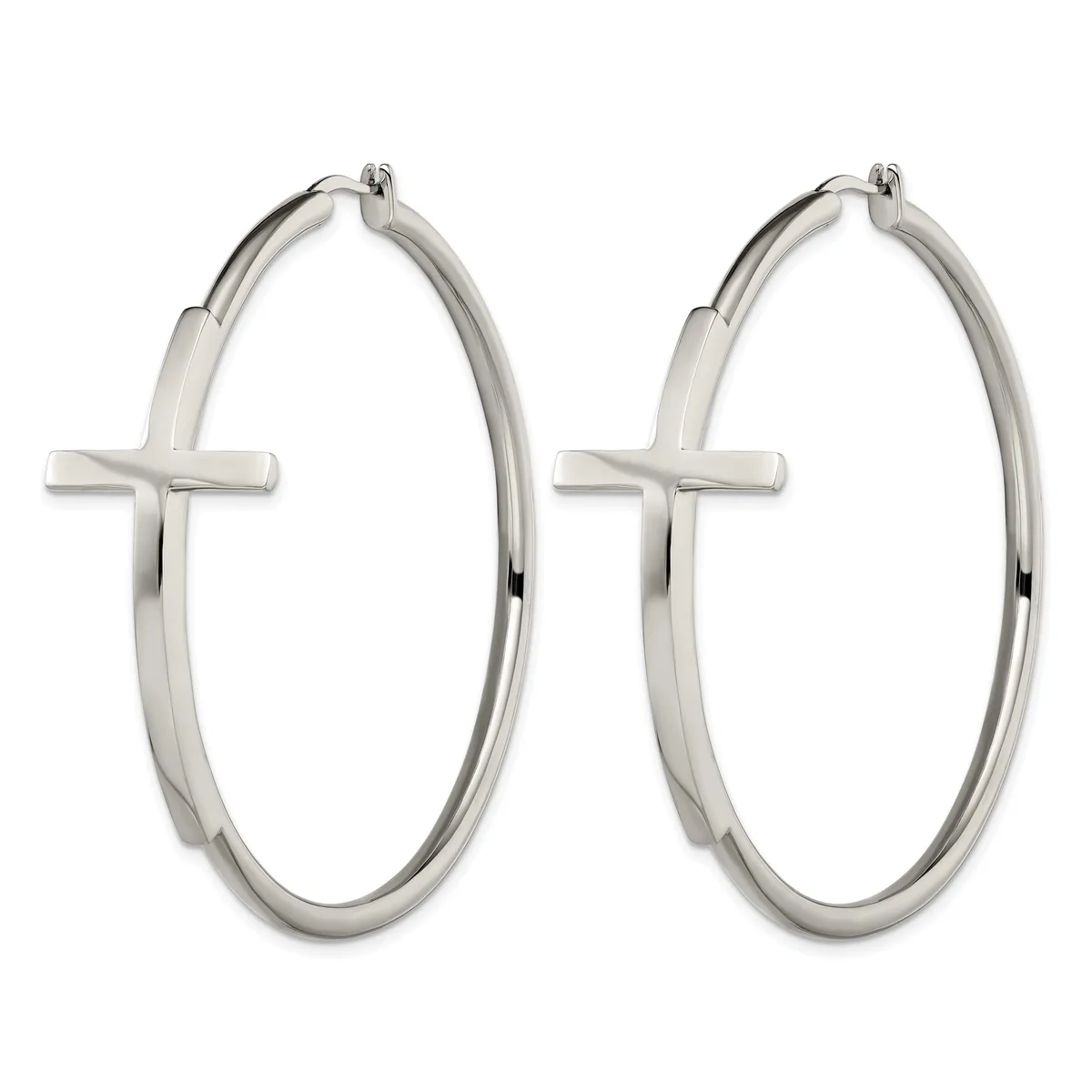 Pair of silver-toned hoop earrings with cross charms attached to the left side of each hoop.
