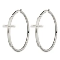 Pair of silver-toned hoop earrings with cross charms attached to the left side of each hoop.