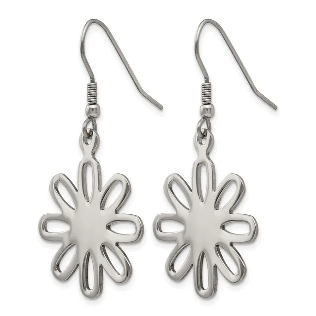 Pair of silver-toned flower-shaped dangle earrings with curved hook ear wires and openwork petal details.