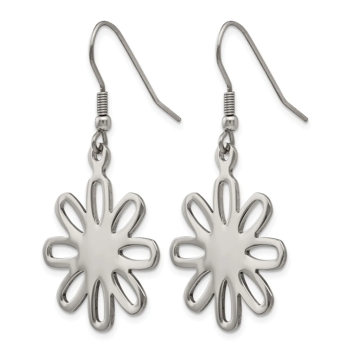 Pair of silver-toned flower-shaped dangle earrings with curved hook ear wires and openwork petal details.