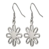 Pair of silver-toned flower-shaped dangle earrings with curved hook ear wires and openwork petal details.