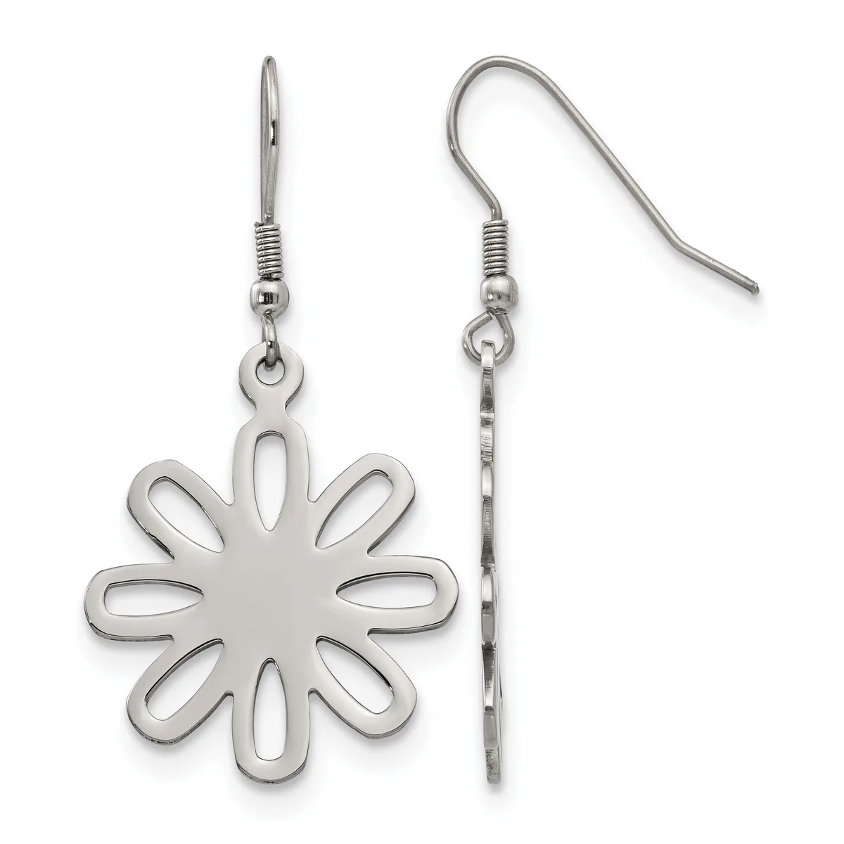 Pair of silver-toned flower-shaped dangle earrings with open petal cutouts, shown from front and side views.
