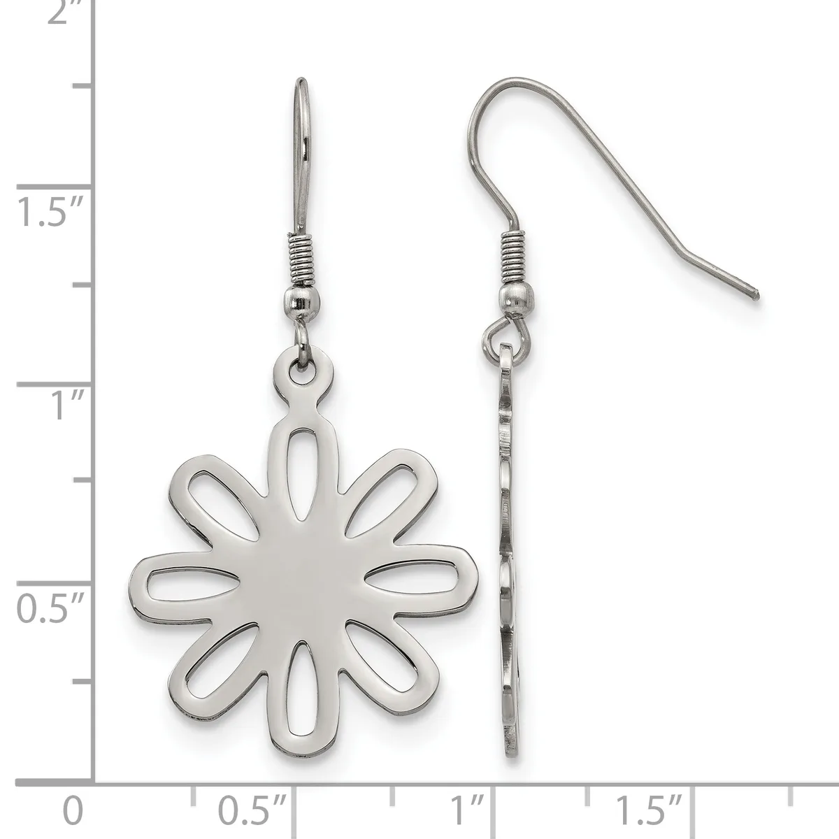A pair of silver-toned metal flower-shaped dangle earrings with open petal designs, shown next to a ruler measuring approximately one inch in width.