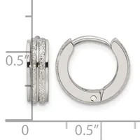 A pair of silver hinged hoop earrings with textured glitter finish sides, shown from front and side views with a measurement scale indicating 0.5 inch width.