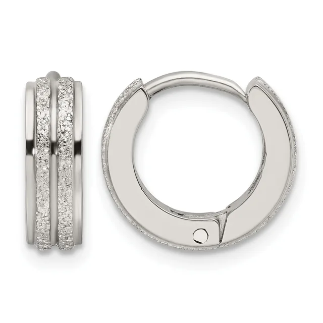 Pair of silver hinged hoop earrings with two parallel rows of glittering pave-set diamonds, shown from front and side views.