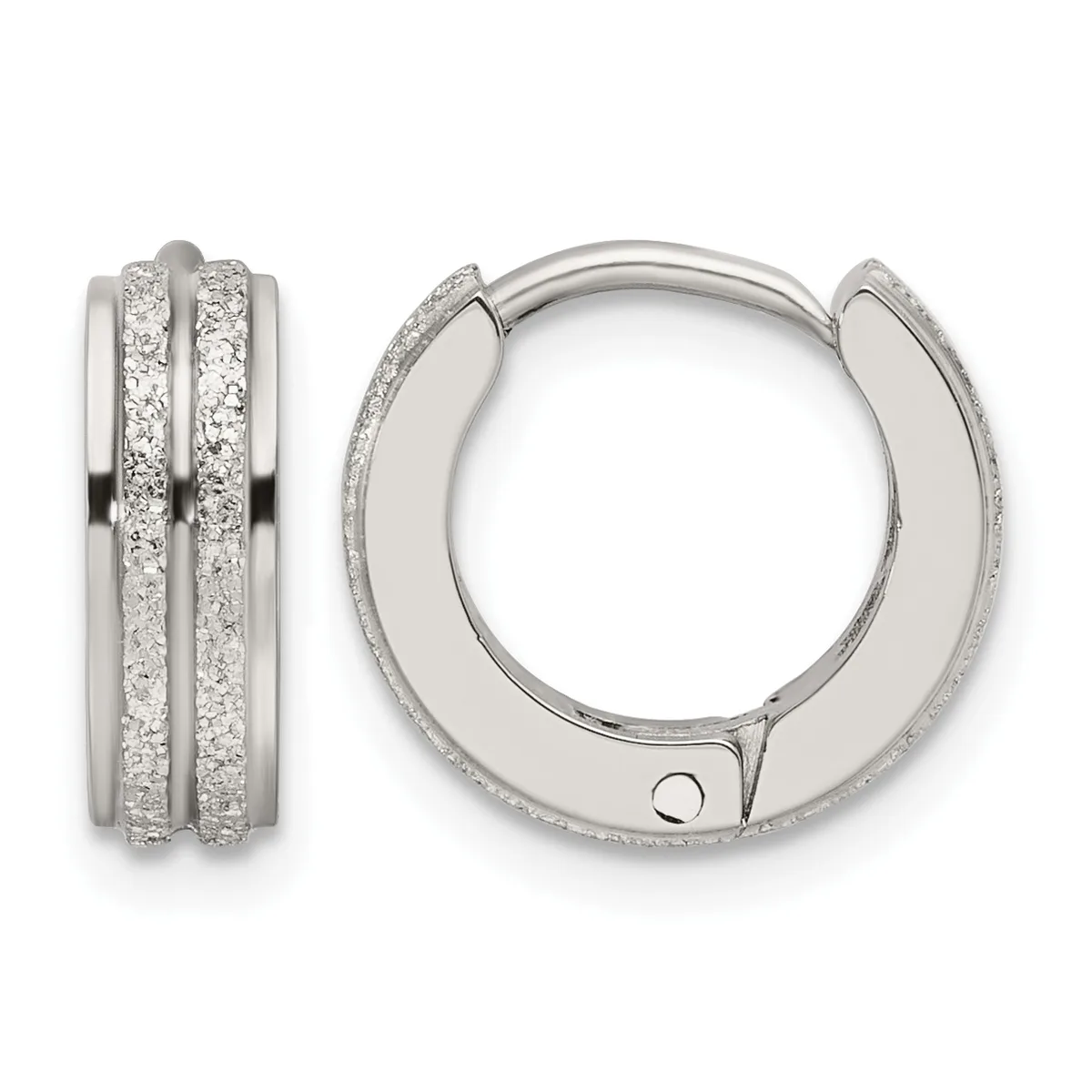 Pair of silver hinged hoop earrings with two parallel rows of glittering pave-set diamonds, shown from front and side views.