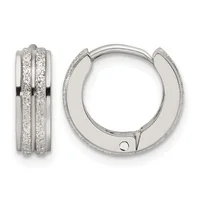 Pair of silver hinged hoop earrings with two parallel rows of glittering pave-set diamonds, shown from front and side views.
