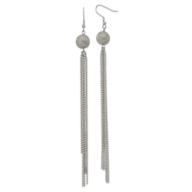Pair of silver-toned dangle earrings with textured spherical tops and long chain tassels, displayed against a white background.