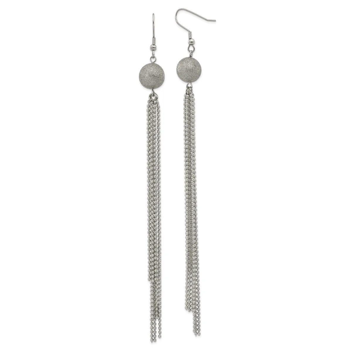Pair of silver-toned dangle earrings with textured spherical tops and long chain tassels, displayed against a white background.