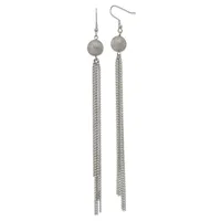 Pair of silver-toned dangle earrings with textured spherical tops and long chain tassels, displayed against a white background.