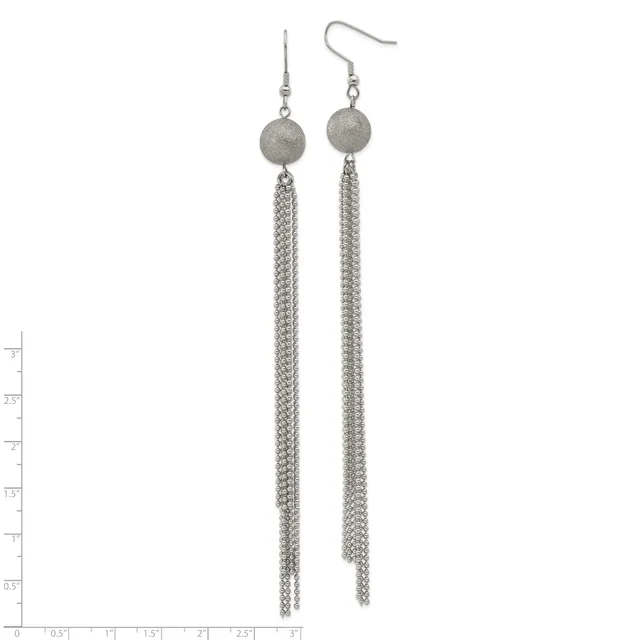 A pair of long dangling earrings with textured gray spheres at the top and tapered chain fringe below, shown against a white background with a measurement scale.