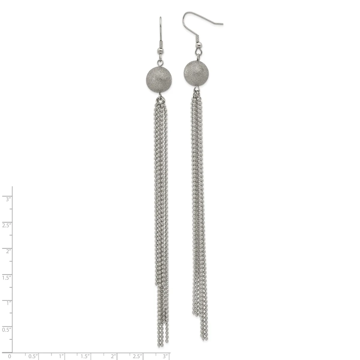A pair of long dangling earrings with textured gray spheres at the top and tapered chain fringe below, shown against a white background with a measurement scale.