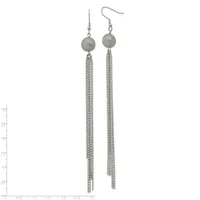 A pair of long dangling earrings with textured gray spheres at the top and tapered chain fringe below, shown against a white background with a measurement scale.