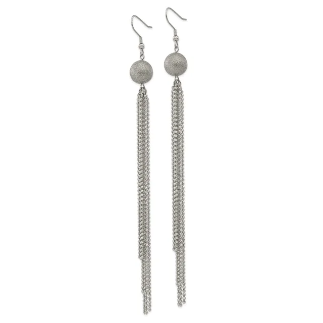 Pair of long silver-toned dangle earrings with textured spherical beads at the top and cascading chain fringe below, displayed against a white background.